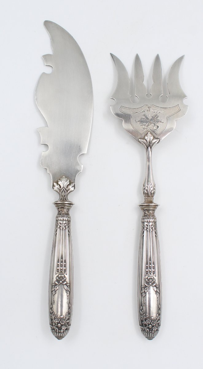 COUVERT DE SERVICE A POISSON EN ARGENT MINERVE ET METAL ARGENTE STYLE LOUIS XVI-photo-2