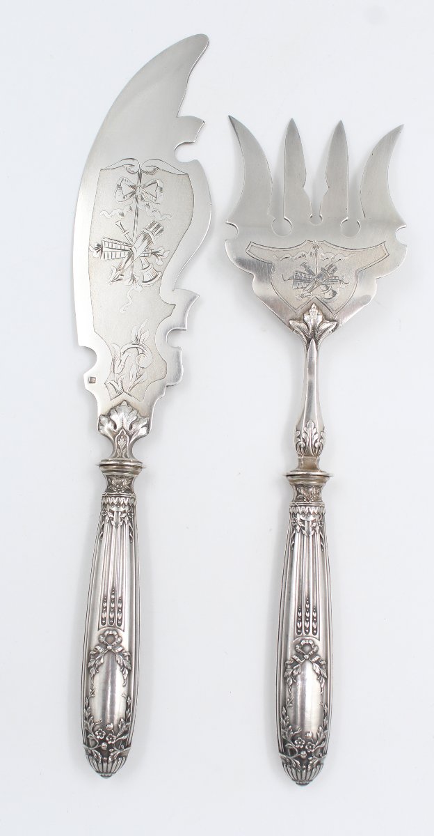 COUVERT DE SERVICE A POISSON EN ARGENT MINERVE ET METAL ARGENTE STYLE LOUIS XVI-photo-4
