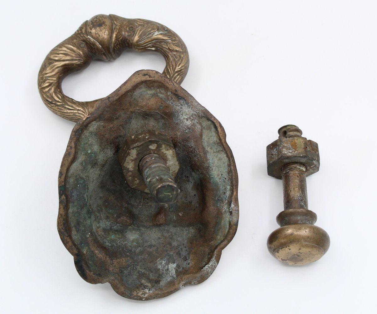 HEURTOIR EN BRONZE ANCIEN TETE DE LION ET SA PORTEE 19 EME-photo-1
