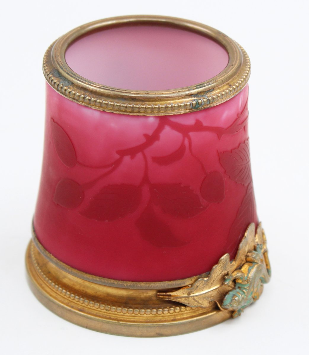 Pink Opaline Vase With A Gold-plated Brass Frame-photo-4
