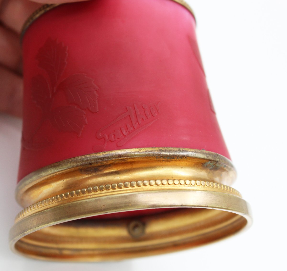 Pink Opaline Vase With A Gold-plated Brass Frame-photo-3