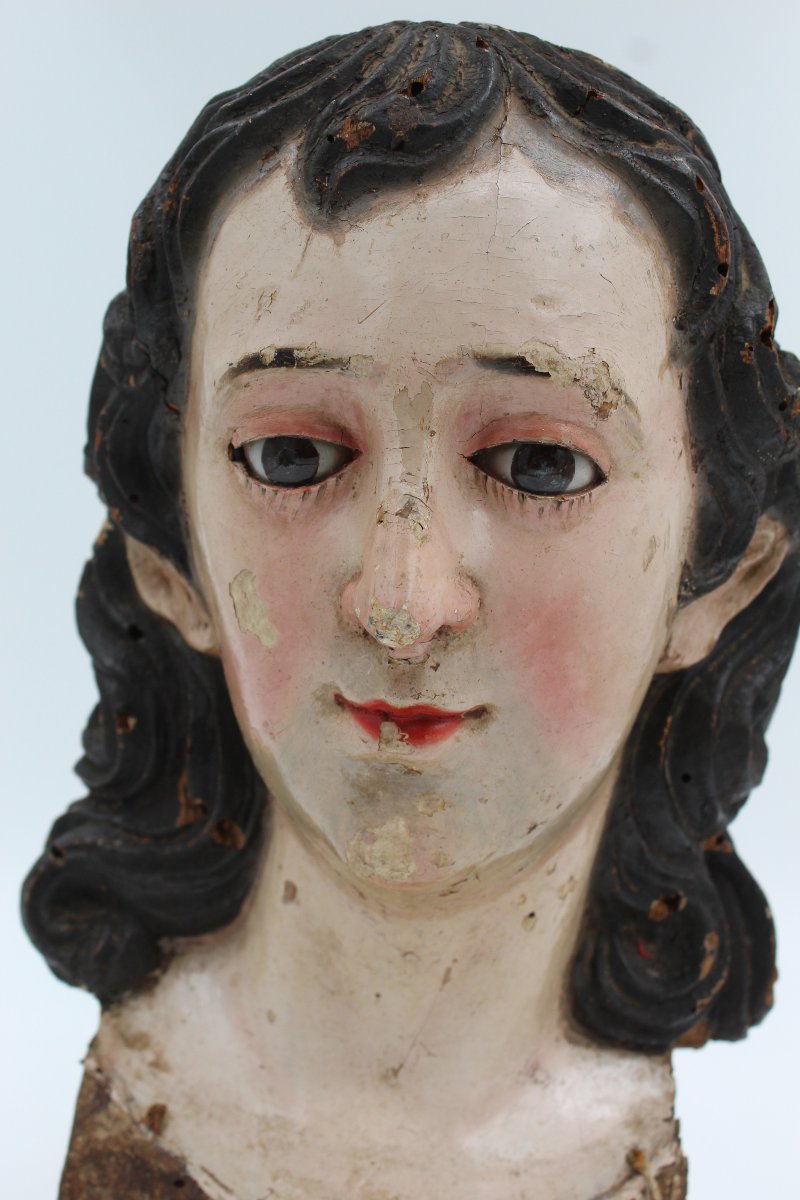 Polychrome Carved Wooden Bust Sculpture With Glass Eyes-photo-4