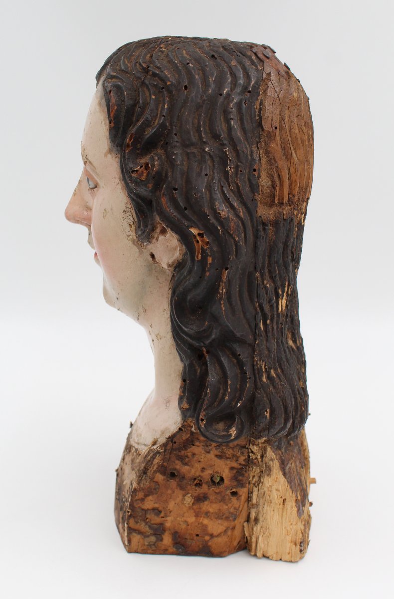 Polychrome Carved Wooden Bust Sculpture With Glass Eyes-photo-3