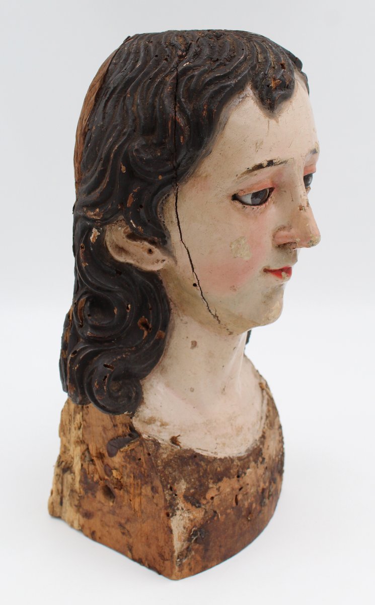 Polychrome Carved Wooden Bust Sculpture With Glass Eyes-photo-4