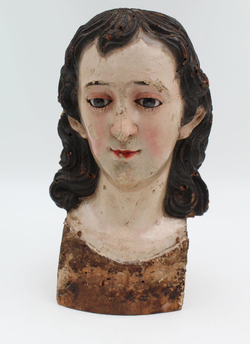 Polychrome Carved Wooden Bust Sculpture With Glass Eyes