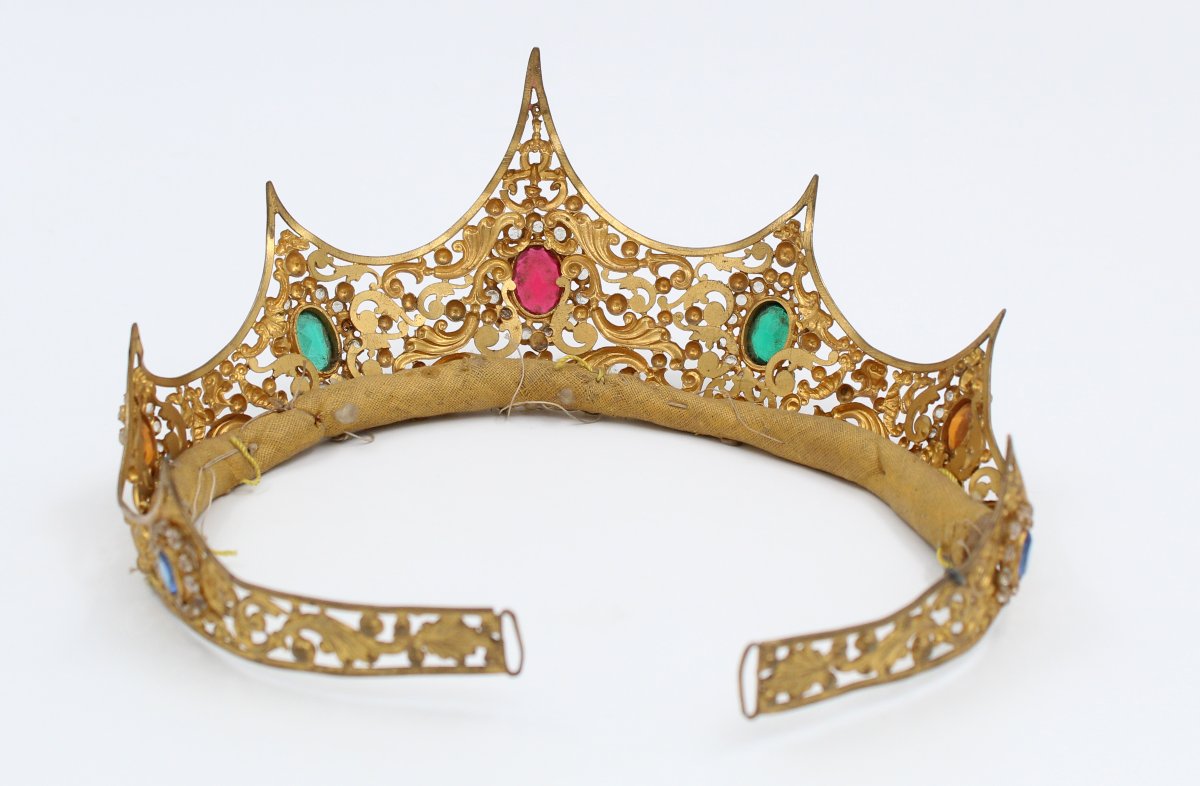 Couronne diadème vierge statue laiton doré strass XIXème siècle-photo-4