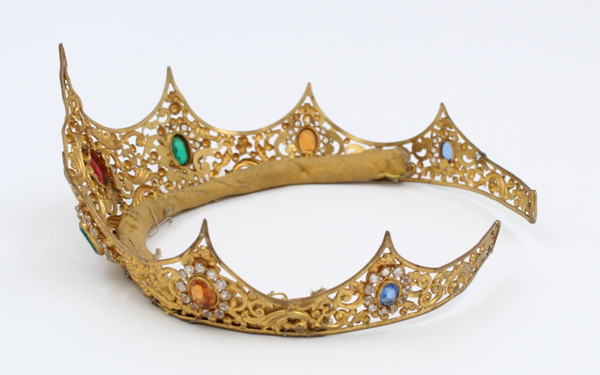 Couronne diadème vierge statue laiton doré strass XIXème siècle-photo-1