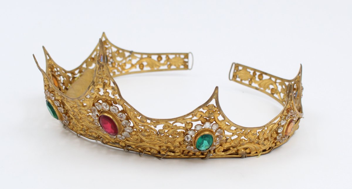 Couronne diadème vierge statue laiton doré strass XIXème siècle-photo-2