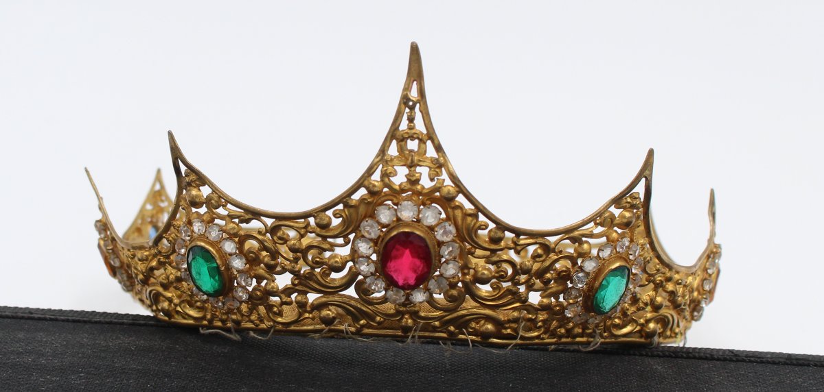 Couronne diadème vierge statue laiton doré strass XIXème siècle-photo-3