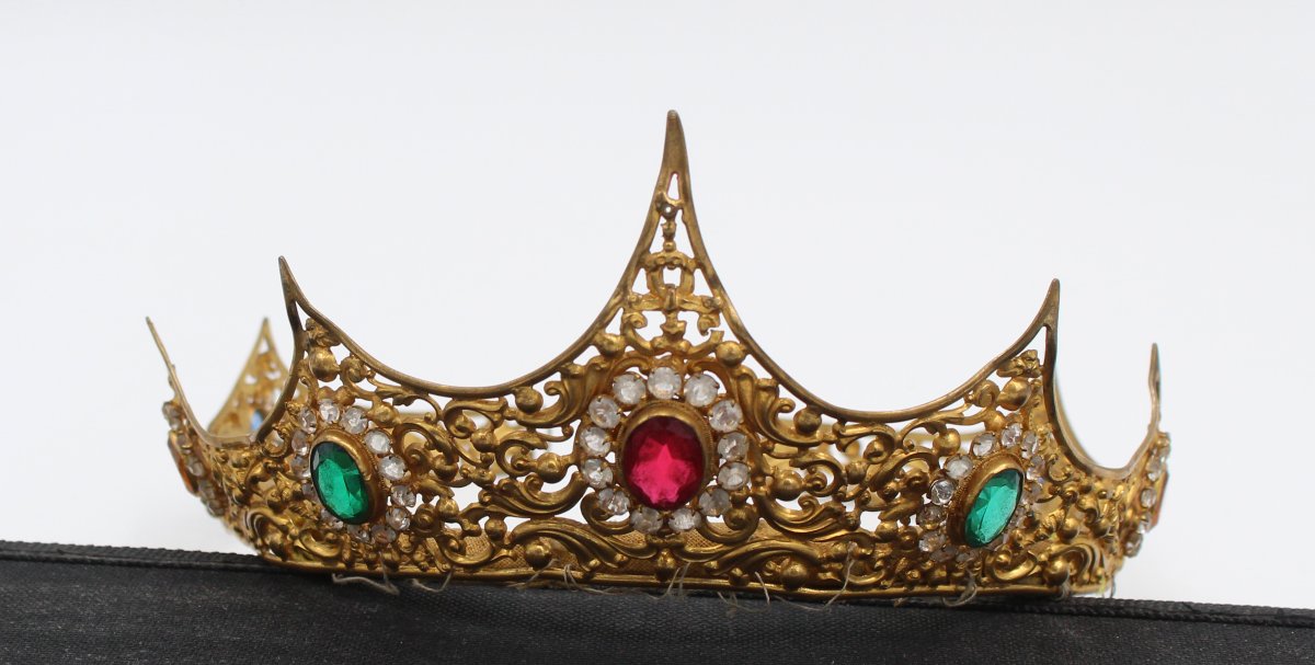 Couronne diadème vierge statue laiton doré strass XIXème siècle-photo-4