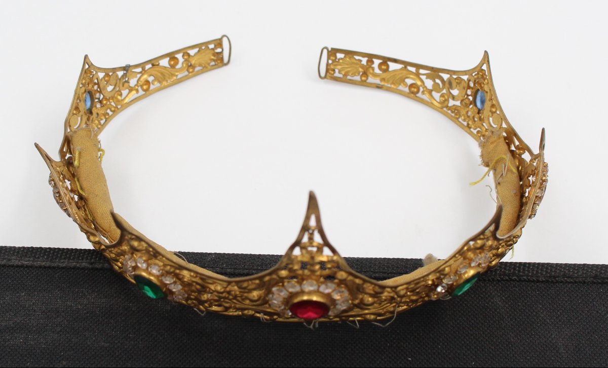 Couronne diadème vierge statue laiton doré strass XIXème siècle-photo-5