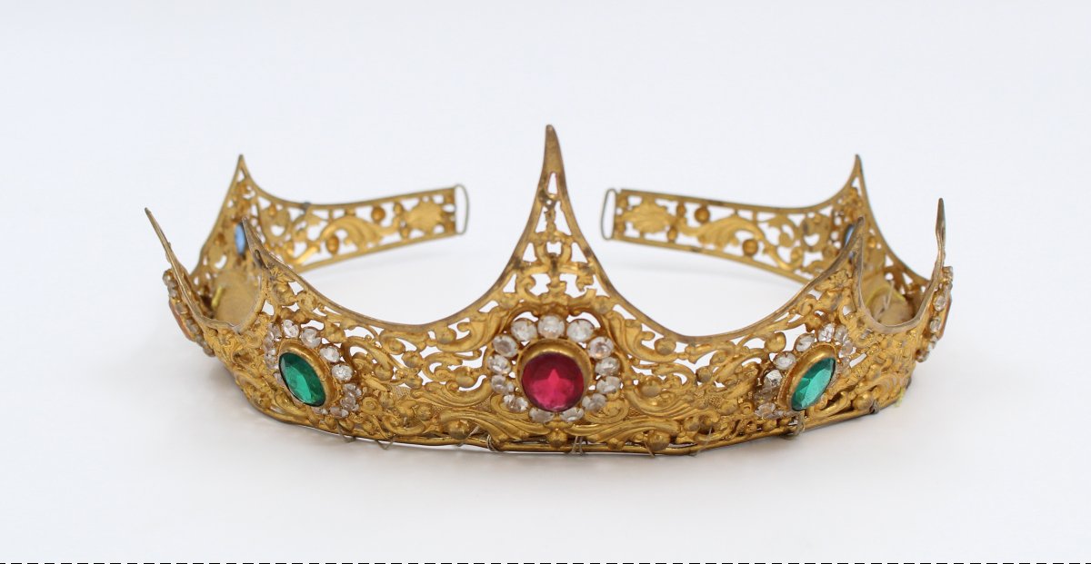 Couronne diadème vierge statue laiton doré strass XIXème siècle