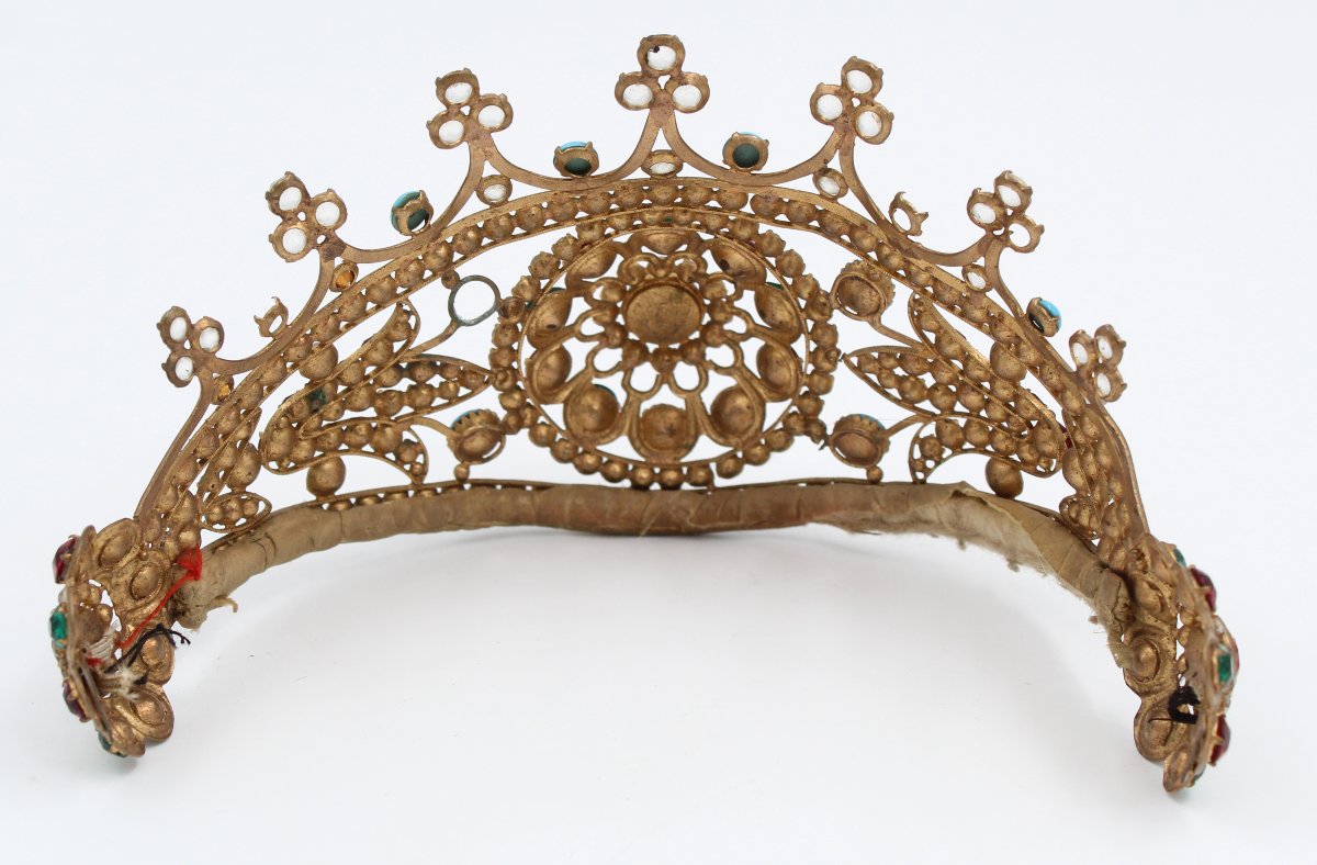 19th-century Gilt Brass Tiara With Rhinestones-photo-3