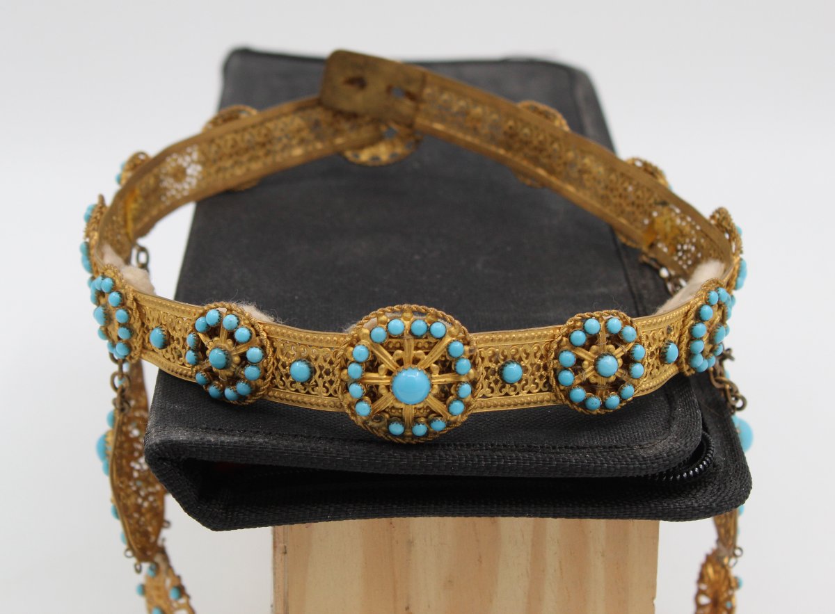 19th-century Crown Made Of Gilded Brass And Turquoise-blue Opaline Pearls-photo-2