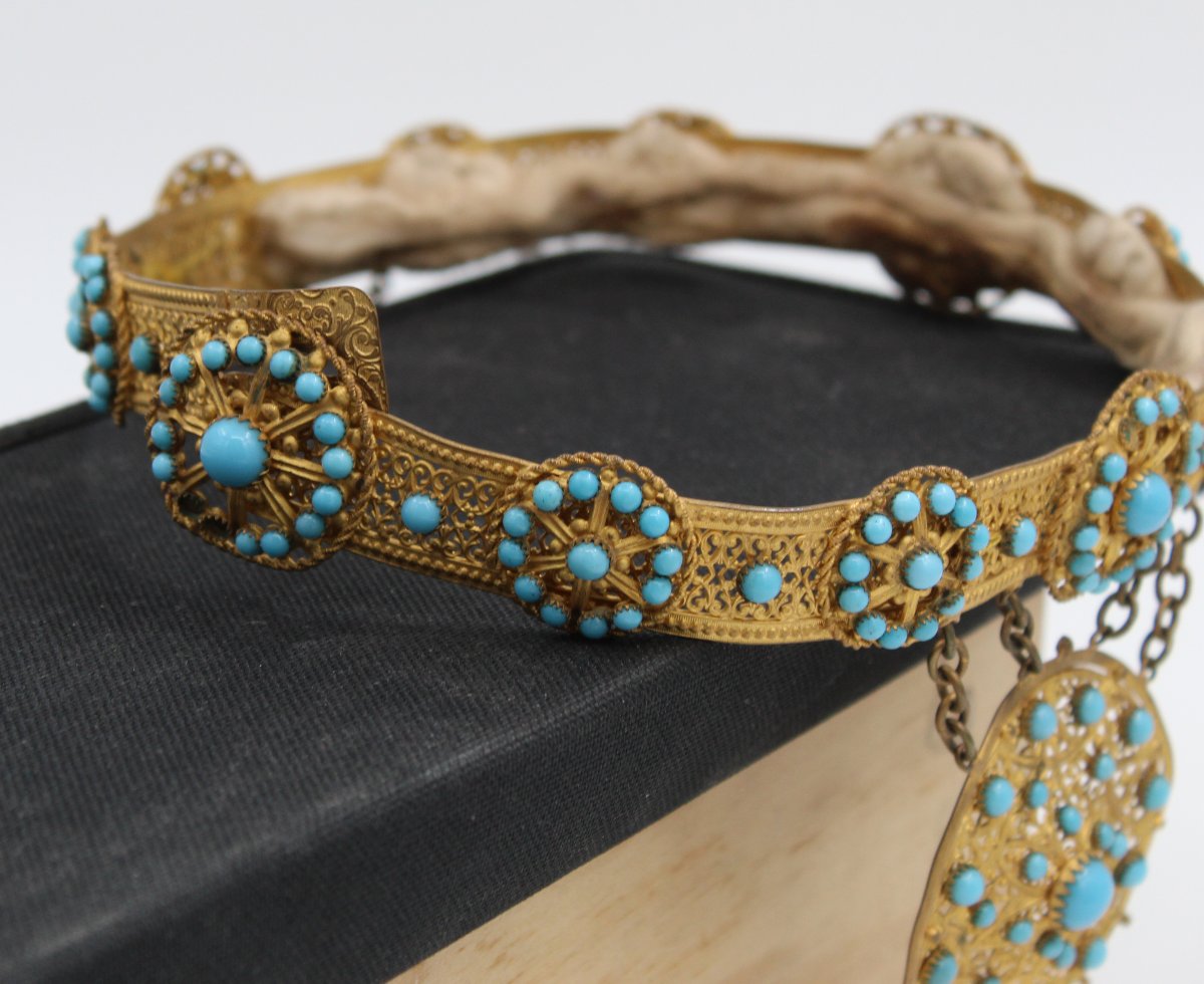 19th-century Crown Made Of Gilded Brass And Turquoise-blue Opaline Pearls-photo-1