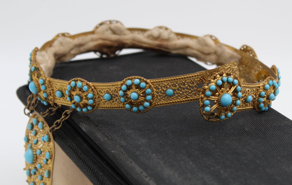 19th-century Crown Made Of Gilded Brass And Turquoise-blue Opaline Pearls-photo-2