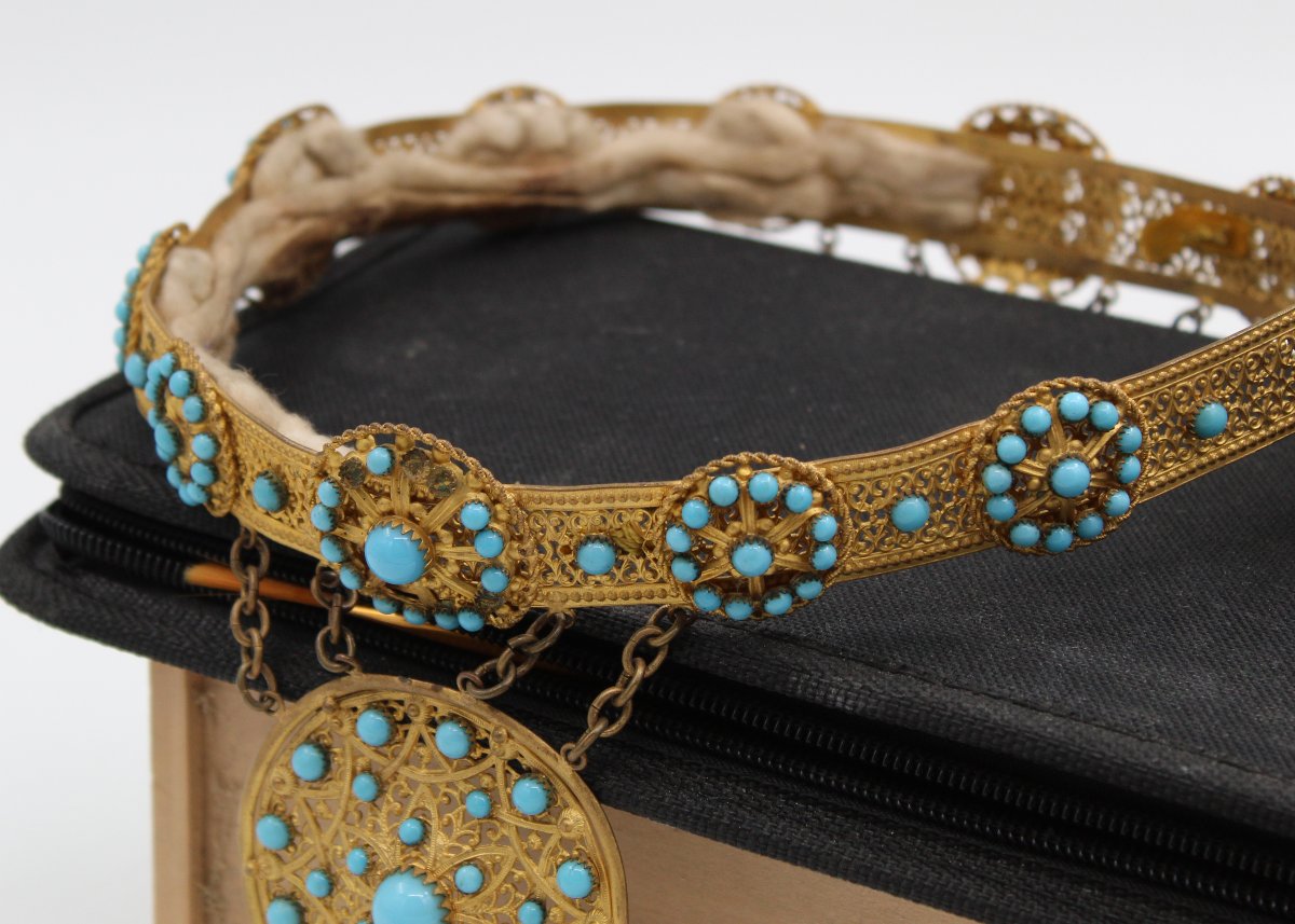 19th-century Crown Made Of Gilded Brass And Turquoise-blue Opaline Pearls-photo-4