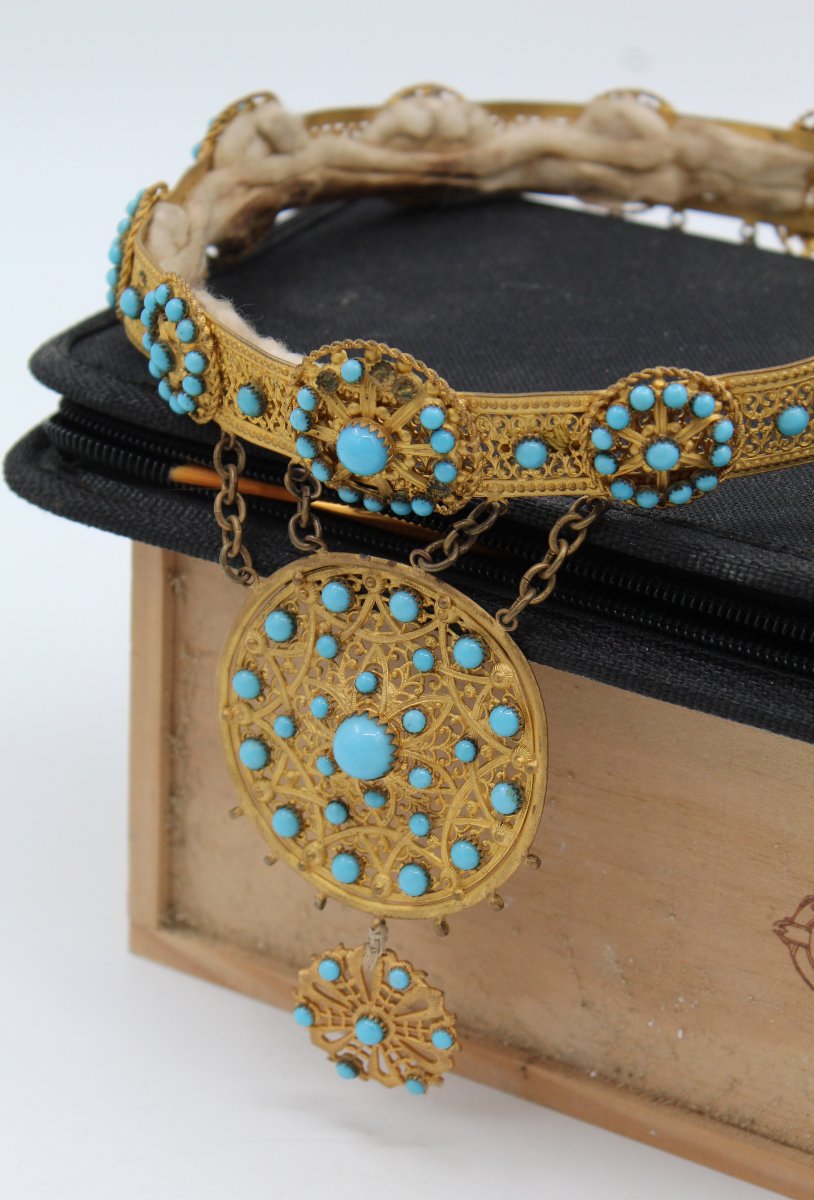 19th-century Crown Made Of Gilded Brass And Turquoise-blue Opaline Pearls-photo-5