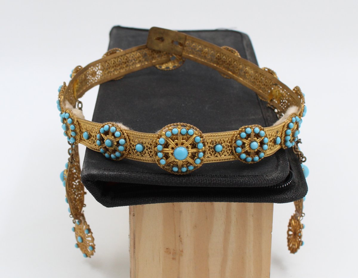 19th-century Crown Made Of Gilded Brass And Turquoise-blue Opaline Pearls
