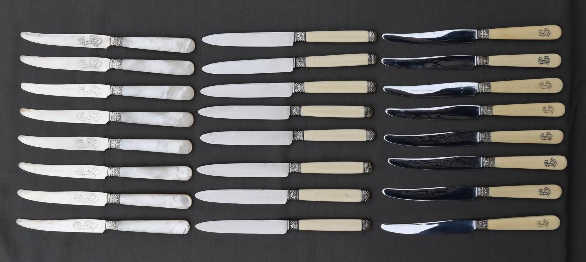 3 Series Of 8 Nacre / Silver Minerva Knives Ivoirine Bakelite Orf Tallois Paris