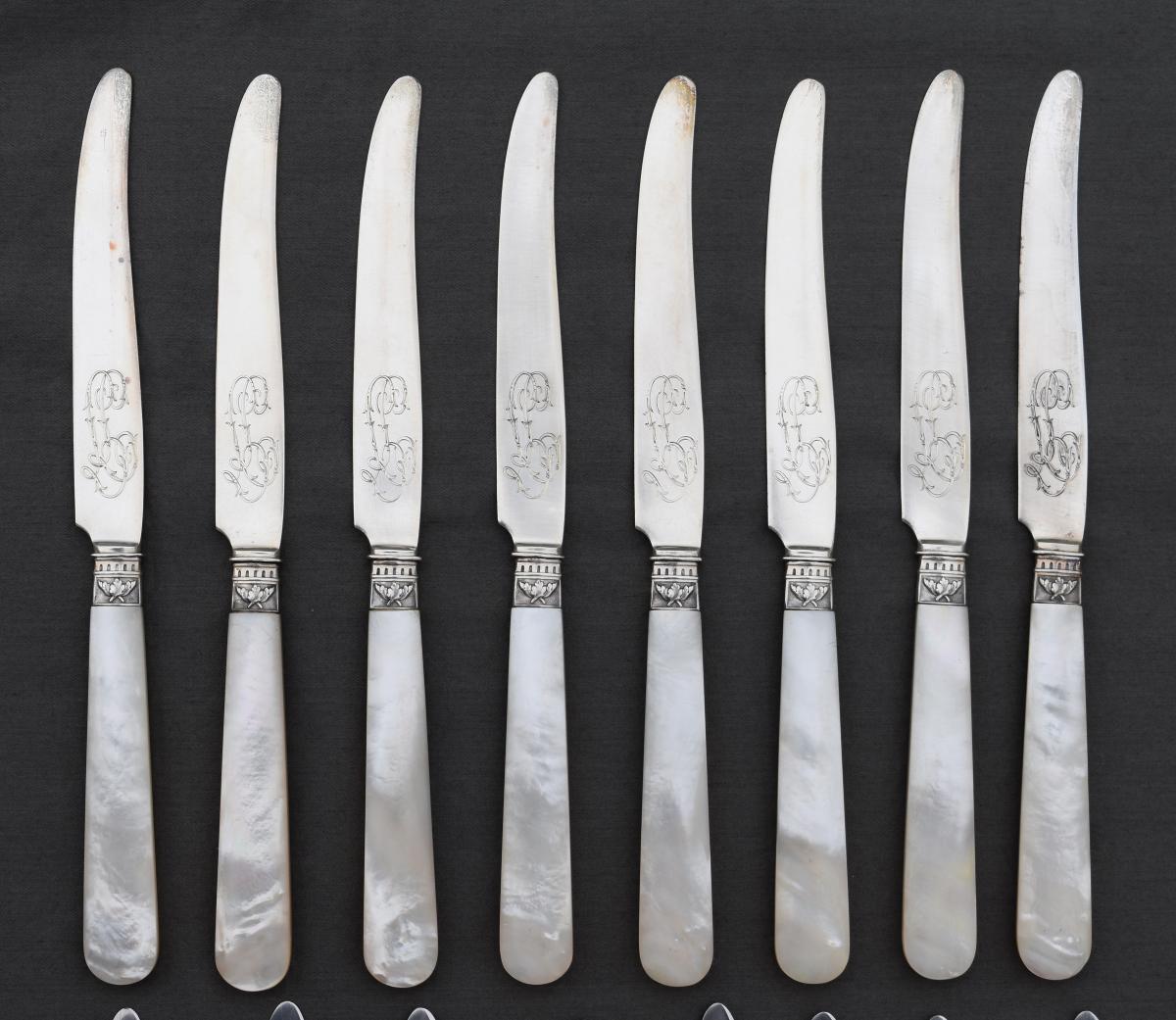 3 Series Of 8 Nacre / Silver Minerva Knives Ivoirine Bakelite Orf Tallois Paris-photo-2