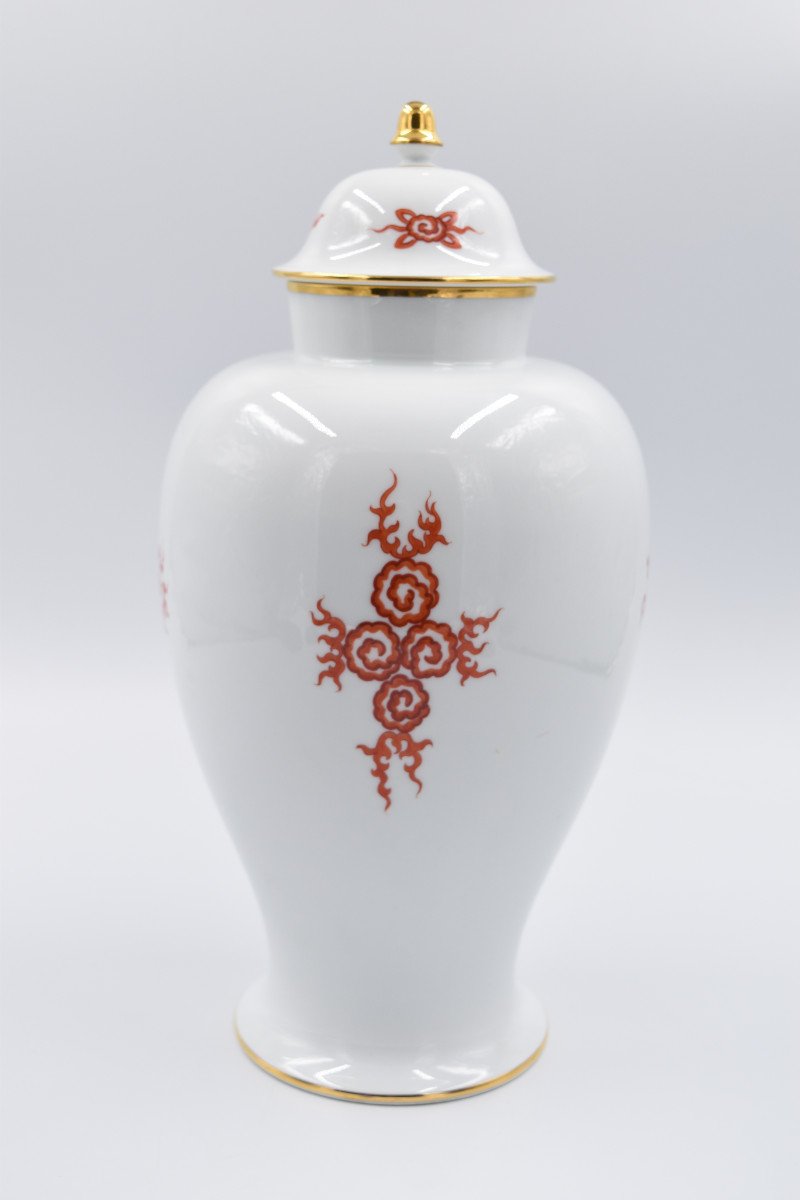 Grand Vase à Couvercle En Porcelaine De Meissen Décor De Dragon Ming En Rouge -photo-3