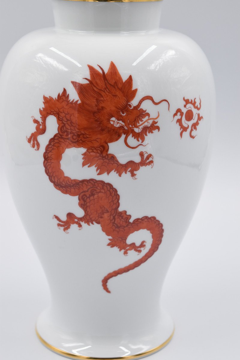 Grand Vase à Couvercle En Porcelaine De Meissen Décor De Dragon Ming En Rouge -photo-1