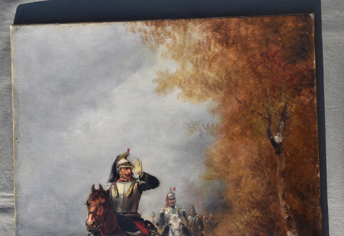 Th&eacute;odore L&Eacute;vigne - Tableau Ancien Huile Sur Toile XIX Eme Depart De La Cavalerie-photo-4