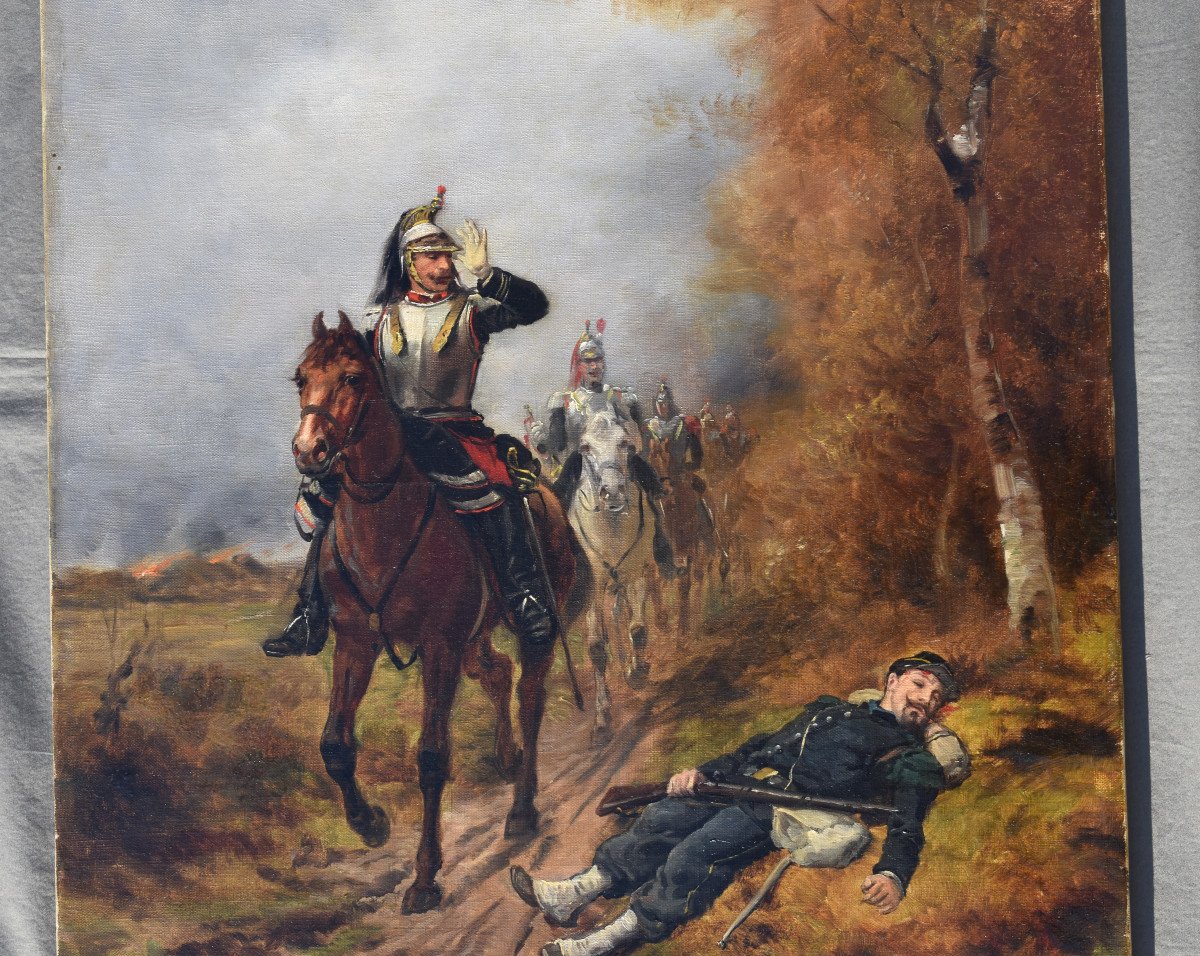 Théodore LÉvigne - Old Table Oil On Canvas XIX Eme Depart Of The Cavalry-photo-2