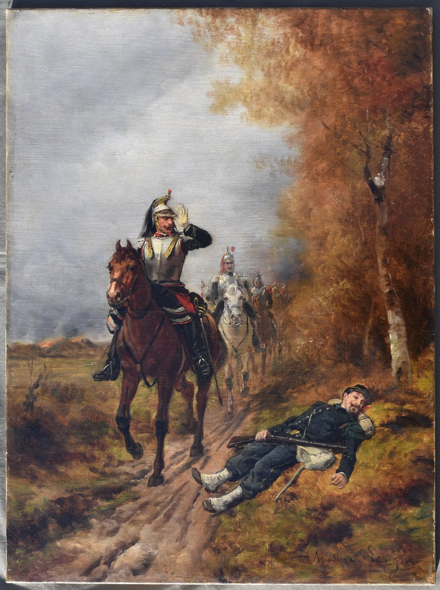 Théodore LÉvigne - Old Table Oil On Canvas XIX Eme Depart Of The Cavalry-photo-4