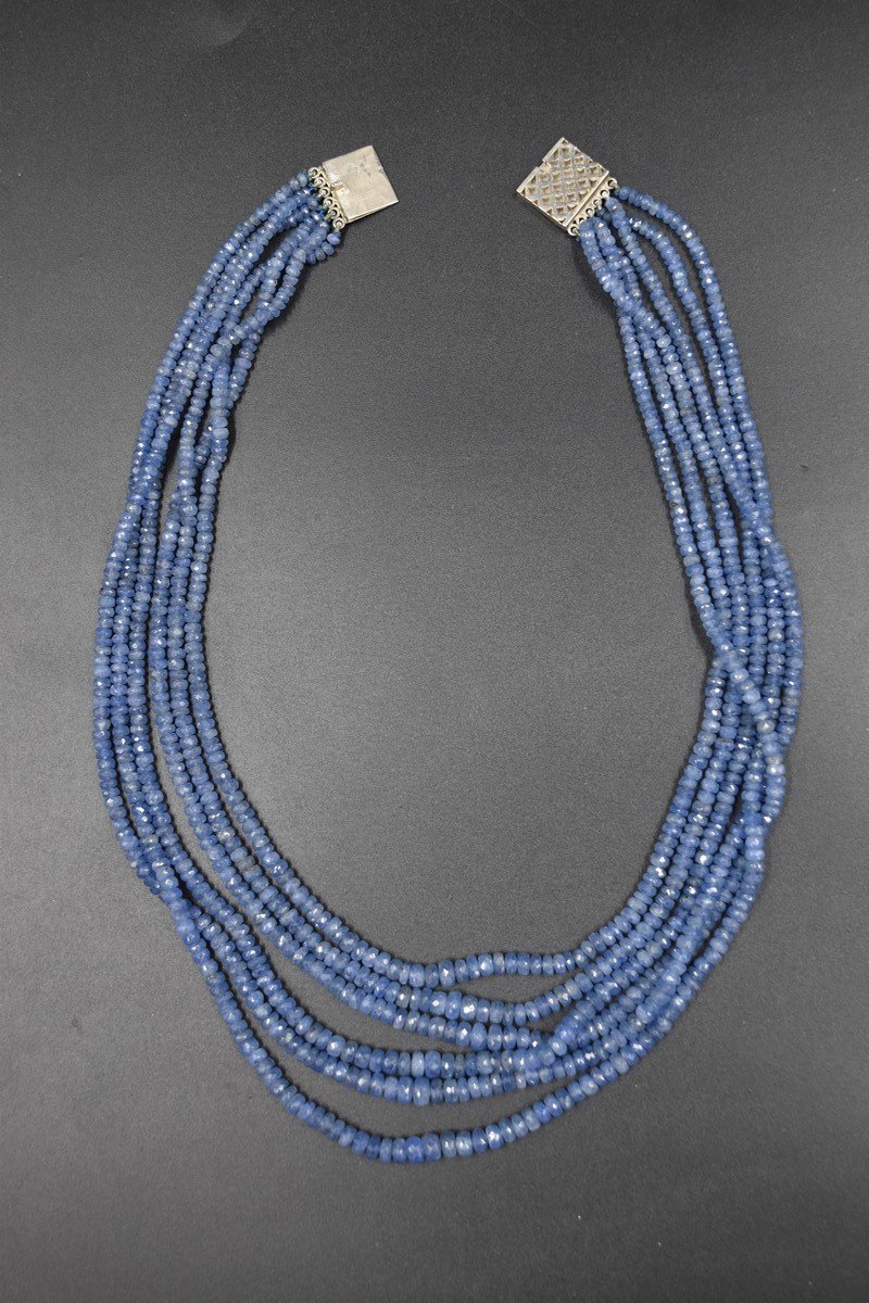 Vintage Six Row Natural Faceted Sapphire Bead Necklace-photo-3