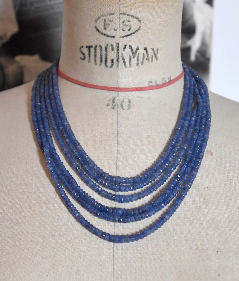 Vintage Six Row Natural Faceted Sapphire Bead Necklace-photo-4
