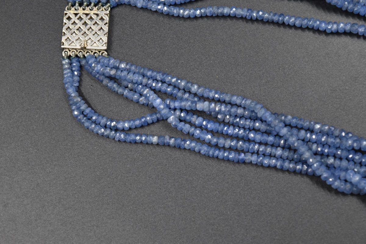 Vintage Six Row Natural Faceted Sapphire Bead Necklace-photo-7