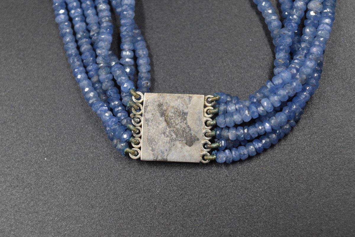Vintage Six Row Natural Faceted Sapphire Bead Necklace-photo-8