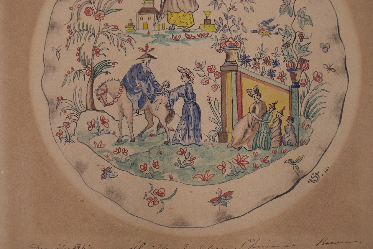 Modèle De Décor Au Chinois Pour Une Assiette XVIIIème Saint Cloud d'Après Rouen-photo-3