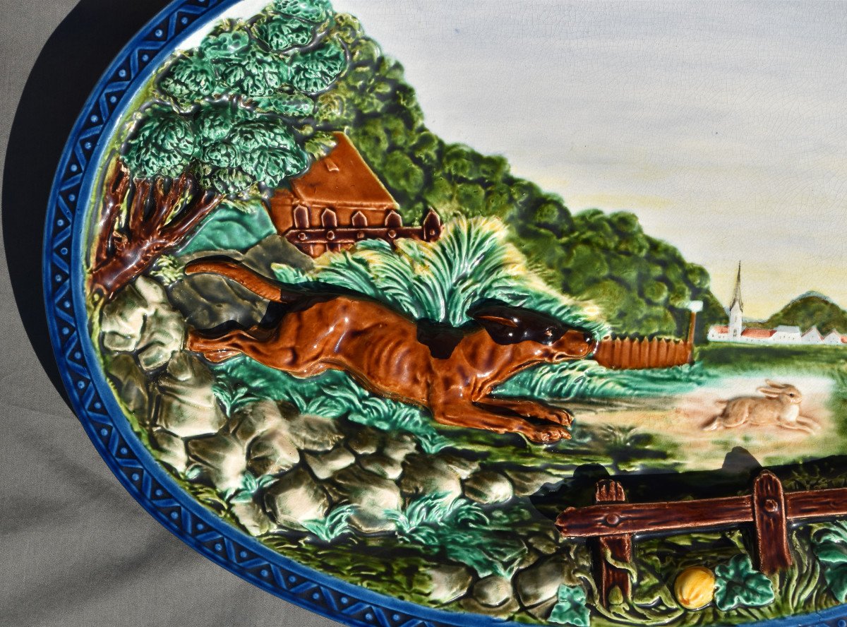 Grand Plat En Fa&iuml;ence De Sarreguemines Decor De Chasse Barbotine Majolica-photo-3