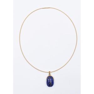 18 K Gold Necklace Beetle In Stone Blue Lapis Lazuli Chain Type Cable Tubogas