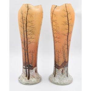 Large Pair Of Legras Vase Winter Decor Enamelled Art Nouveau H= 41.5 Cm