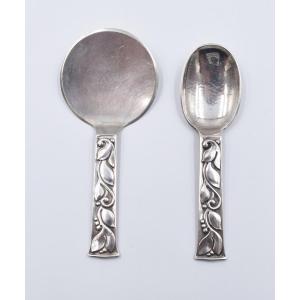 Evald Nielsen Denmark 2 Serving Spoons In Sterling Silver & 830 Sterling Silver