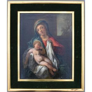 Tableau Religieux Vierge à l' Enfant Huile Sur Toile XVIII ème Ecole Francaise