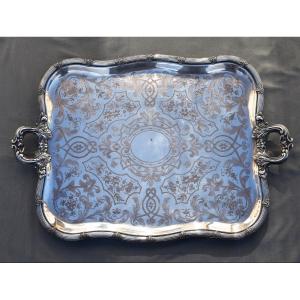 Large Rectangular Tray In Silver Metal Richly Decorated Debut XX Eme