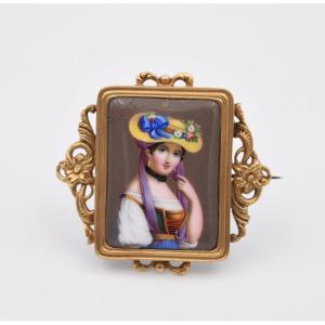 Portrait Jewel: Brooch Gold And Enamels On Copper Portrait Of Nineteenth Italian Woman