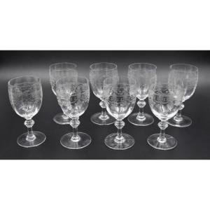 8 Engraved Crystal Water Glasses Around 1900 H= 15 Cm