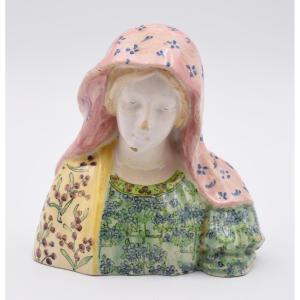 Ceramic Virgin Bust Signed Angelo Minghetti, Nineteenth Madonna