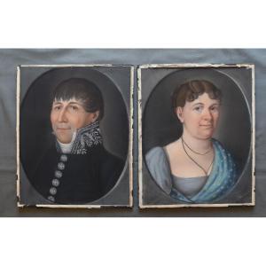 Paire De Pastel Portrait D Un Couple Homme Officier Et Sa Dame Signe 1812 Empire 19 Eme