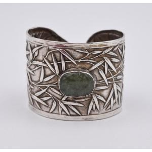 Old Silver And Jade Cuff Bracelet China Canton Brand Cs Cumshing