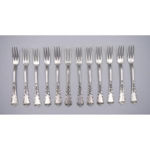 12 Dessert Forks In 800 Silver Art Nouveau Swiss Goldsmith Jezler Muguet