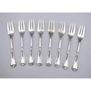 8 Fish Forks In 800 Silver Art Nouveau Swiss Goldsmith Jezler Muguet