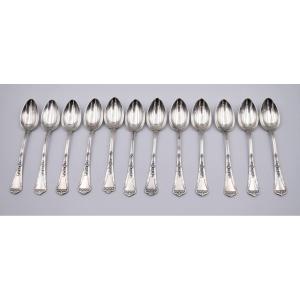 12 Mocha Spoons In 800 Silver Art Nouveau Swiss Goldsmith Jezler Muguet