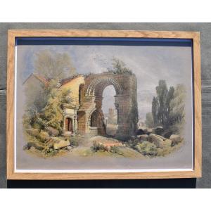 Watercolor Painting On Paper "les Alyscamps Arles" Signed Harding 1860 Provence
